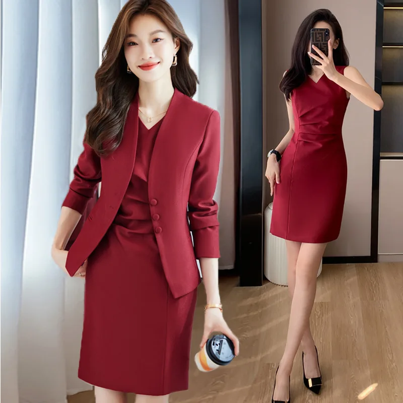 Formal Autumn Winter Uniform Styles Women Business Work Wear Suits with Blazer Coat and Dress Professional Office Ladies Outfits