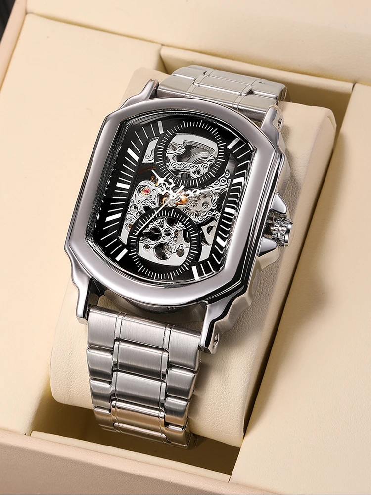 WINNER Original Factory Rectangle Stainless Steel Skeleton Large Man Watch Automatic Movement Mechanical Clock Male Wristwatches