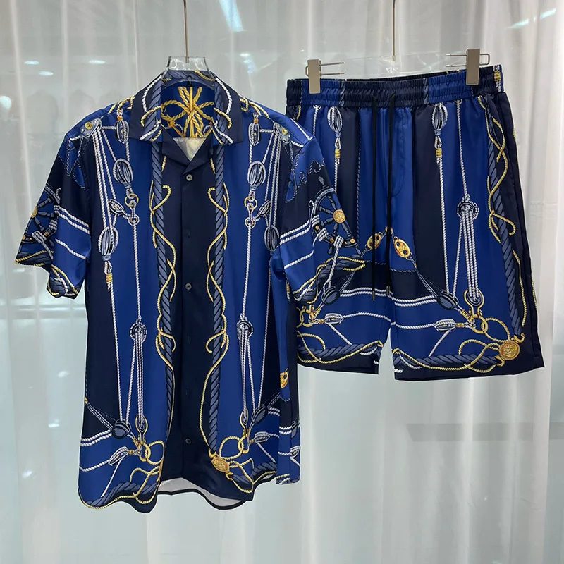 Luxury Men's Social Hawaiian Shirt Sets Fashion Lapel Short Sleeve Top Shorts 2 Piece Outfit Casual Loose Men Suit Clothing