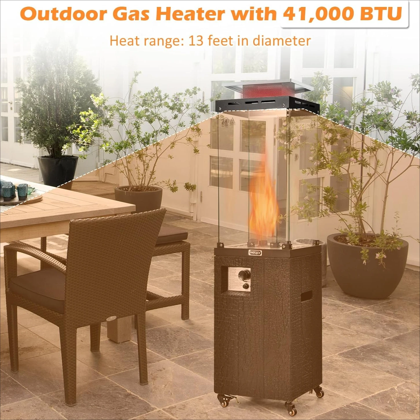 41,000 BTU Propane Patio Heater with Waterproof Cover, Outdoor Heater, Adjustable Feet, Tempered Glass Tube