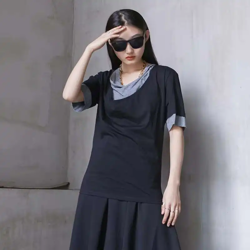 Ladies Short Sleeve T-Shirt Summer New Style Personality Splicing False Two Design Fashion Leisure Large Size Short Sleeve