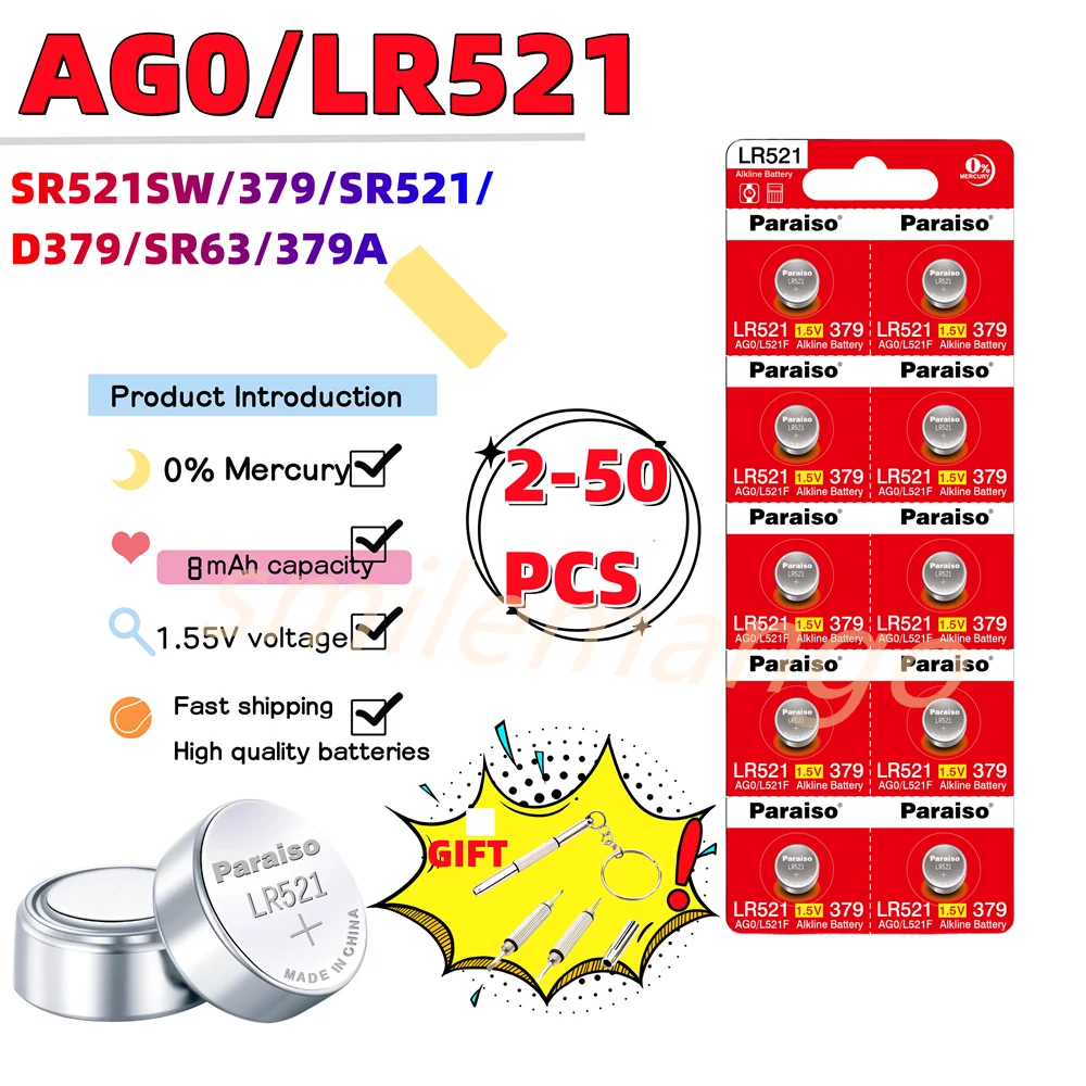 

NEW High-Capacity LR521 AG0 Button Batteries SR521SW 379A 379 179 D379 SR63 1.5V Alkaline Coin Cell Silver OxideWatch Battery