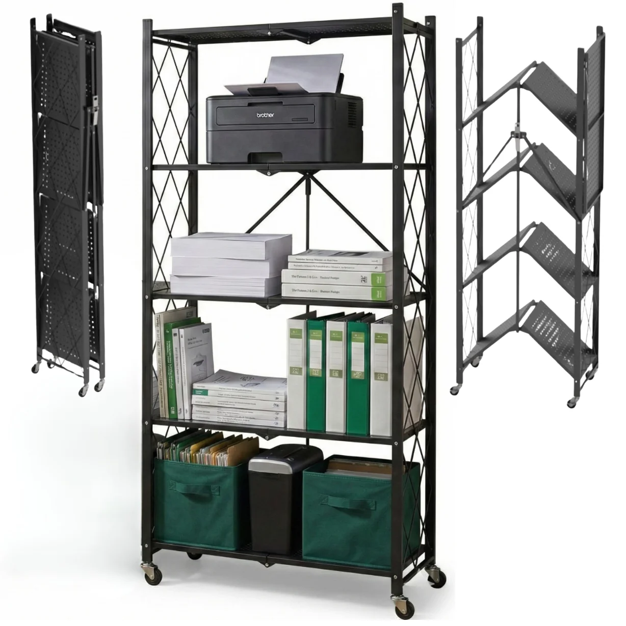 Avenido Av6817, scaffale pieghevole con ruote, 5 ripiani, capacità di carico fino a 100 kg, struttura in acciaio, dimensioni 163x72x34 cm.