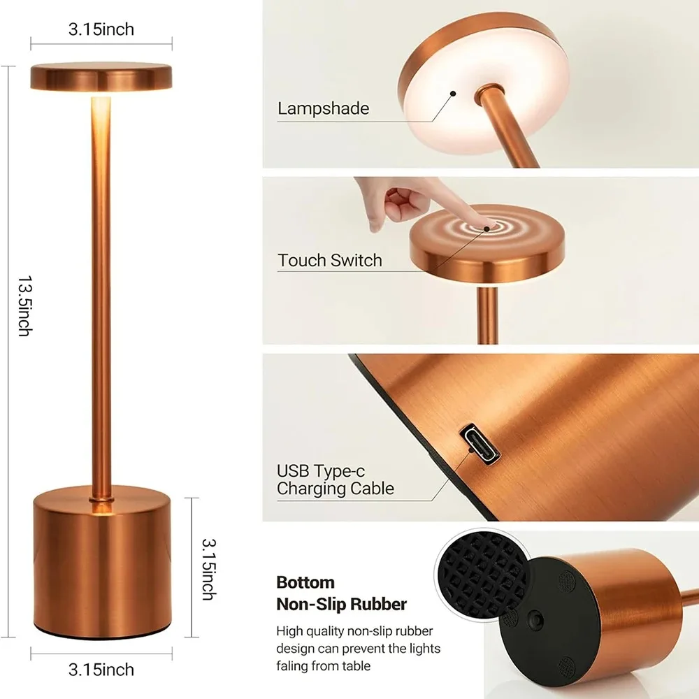 3 Colors Rechargeable Alloy Cordless LED Table Lamp Touch Switch Night Light Nordic Style Home Bar Restaurant Ambiance Desk Lamp