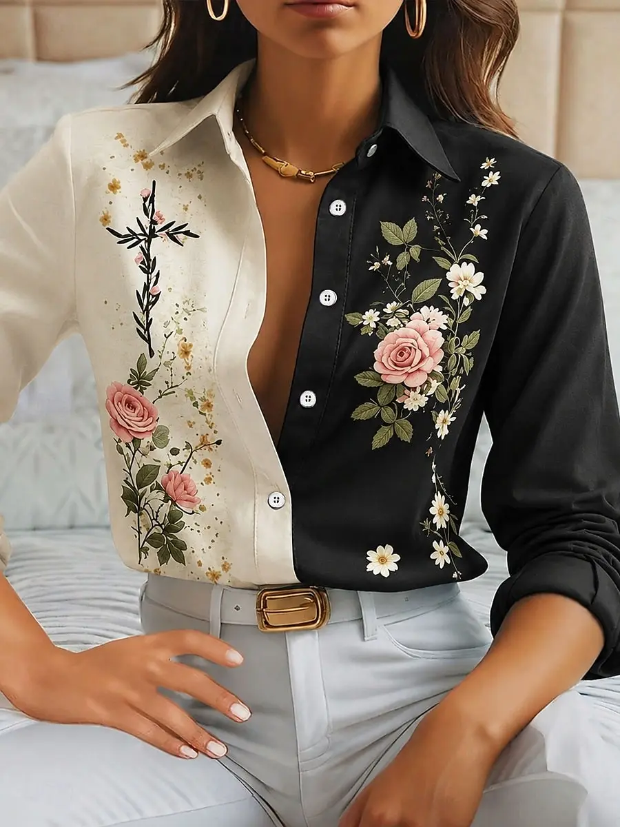 Women's Spring Summer 3D Printed Collar Button Down Blouse, Black White Half Patch Pink Rose Tiny Floral Contrast Shirt