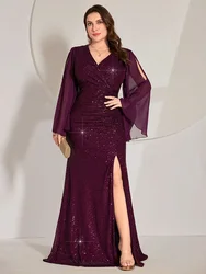 TOLEEN 2024 Plus Size Glittering Sequin Patchwork Trumpet Sleeve High Slit Mermaid Party Evening Luxury Elegant Formal Dresses