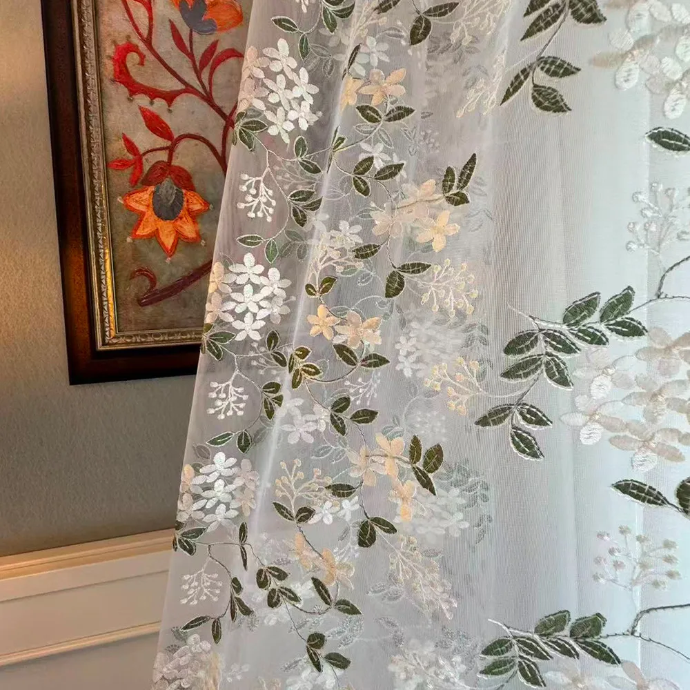 High End Heavy Industry Flower Hollow Out Green Embroidery White Screen Window Gauze Bedroom Living Room Balcony Bay Window