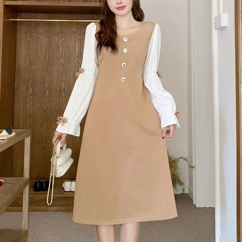 French Style Square Collar Dresses Female Clothing Patchwork Stylish Bow Spring Autumn Korean Commute A-Line Waist Midi Dress