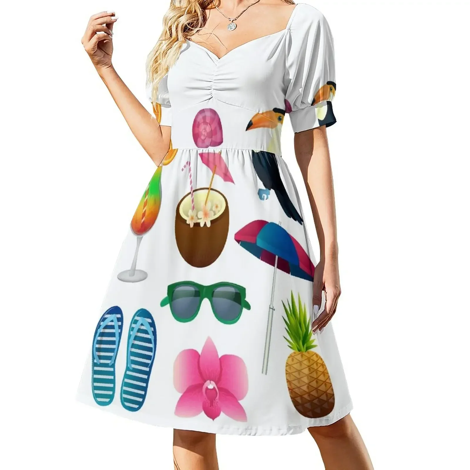 

Tropical Elements Set: Cocktails, Flowers, Sunglasses, Bird, Pineapple Short-Sleeved Dress dresses for prom Dress