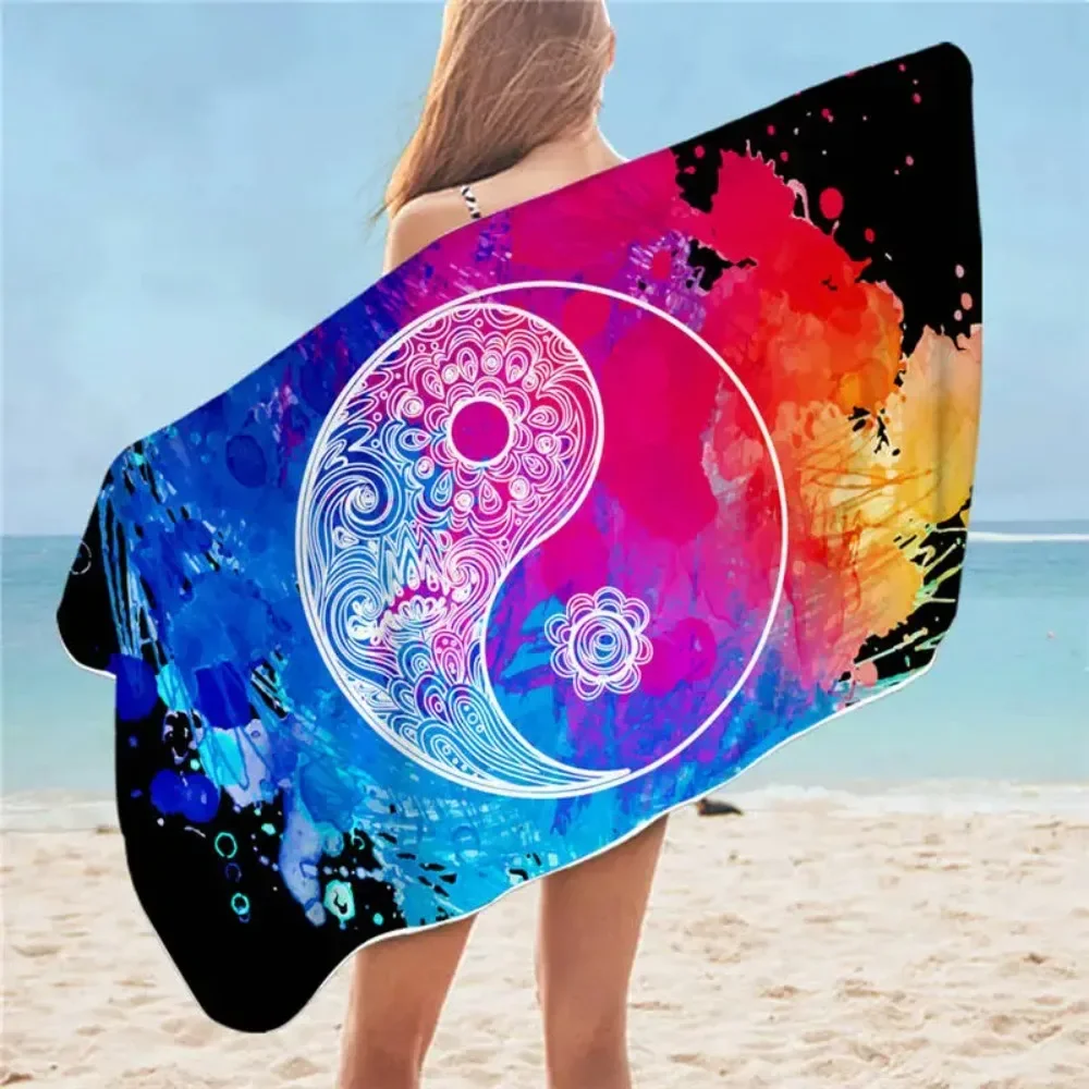 BeddingOutlet Tai Chi Bath Towel Microfiber Beach Towel for Adult Watercolor Summer Blanket Yin Yang Balance Colorful Picnic Mat