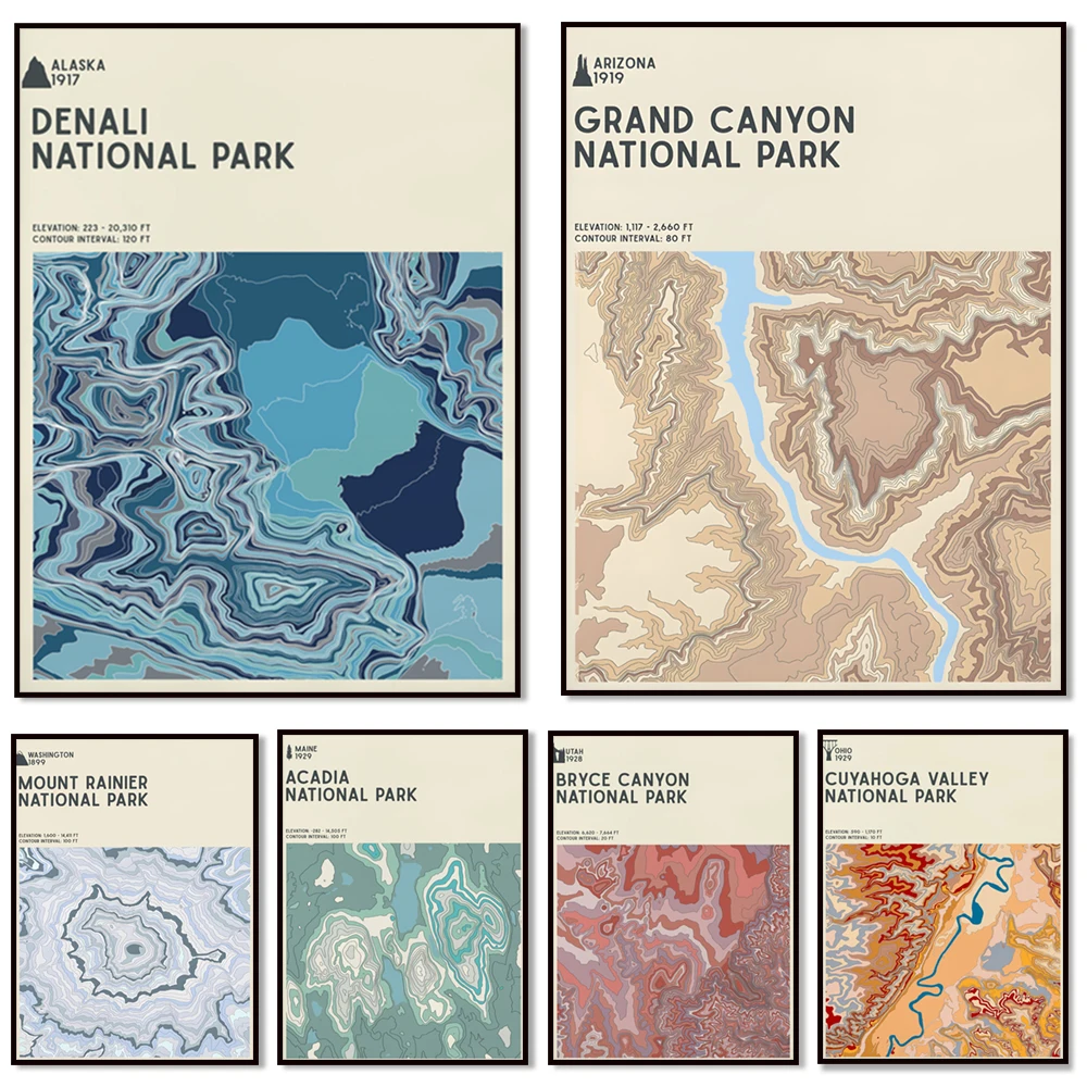 Topographic map poster of Hawaii Volcanoes, Bryce Canyon, Death Valley, Cuyahoga Valley, and Denali National Parks