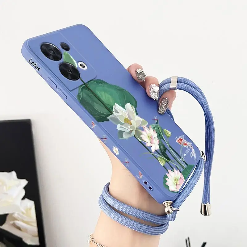 Lotus Pond Scenery Crossbody Lanyard custodia in Silicone per OPPO Reno 8 8T 8 Pro 7 7Lite 7Z 6 6Z 6 proplus 5Lite 5F 4Lite Cover