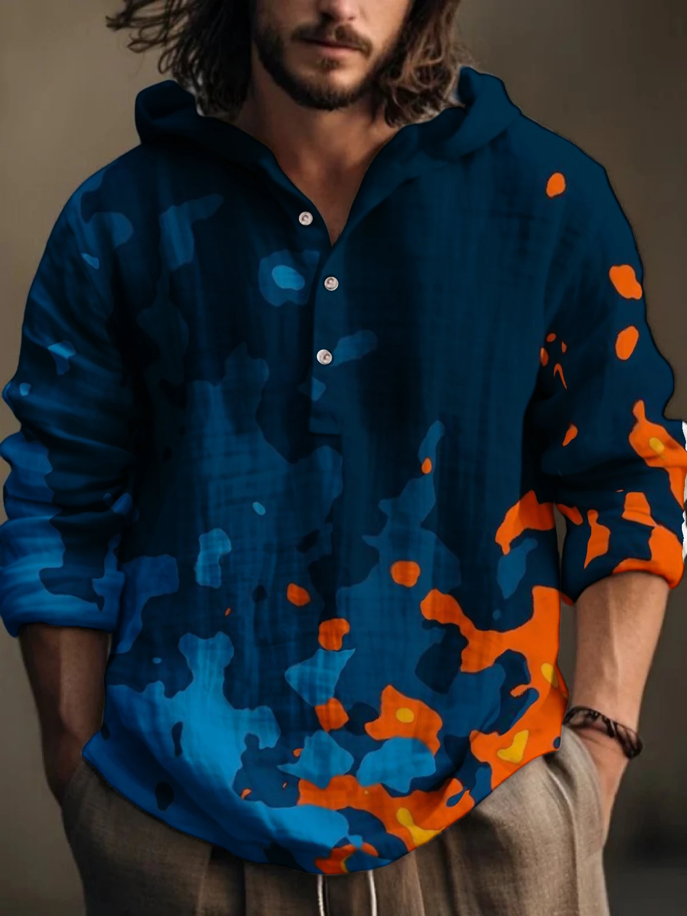 Men's Blue Orange Camo Print Hooded Henley Shirt, Long Sleeve Half‑Button Placket Loose Fit Casual Outdoor Pullover Tops