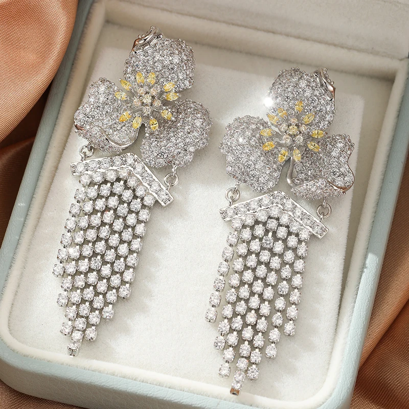 

SENYU Elegant Clear Zircon Flower Tassel Dangle Earrings Topuality Women Party CZ Jewelry Gift Beautiful Wedding Bride Earrings