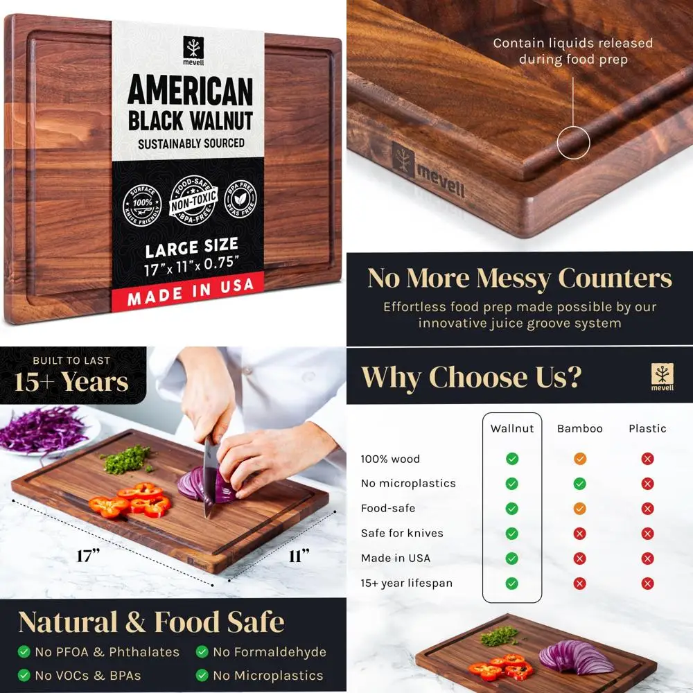 

Двусторонняя разделочная доска из орехового дерева с канавками для сока, прочная кухонная разделочная доска, сделано в США, 17x11x0,75 дюйма