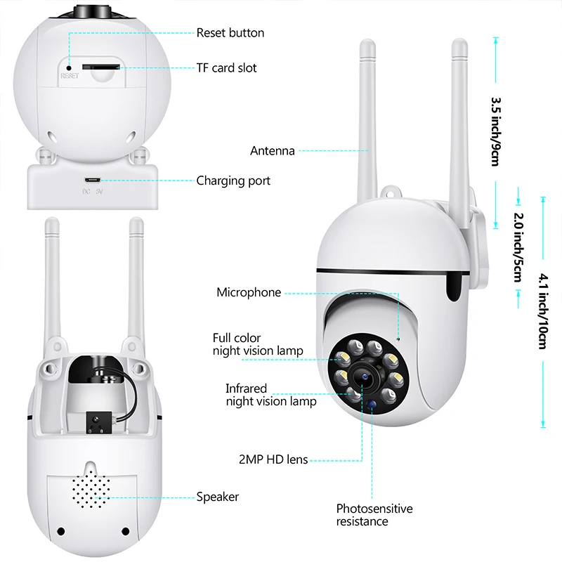 A7 Wifi กล้องกลางแจ้งไร้สายการเฝ้าระวังความปลอดภัย AI ติดตามมนุษย์ Two Way Audio Night สี 2.4G 1MP กล้อง charger