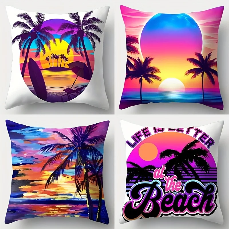 4pcs Beach Retro Style Pillow Covers, Colorful Sunset Palm Tree Print Cushion Cases, Cozy Home Decor for Bedroom Living Room