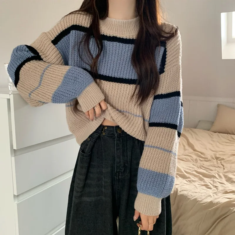 

Early Autumn Lazy Sle Soft Knitted Base irt Loose ort f High Collar Women's Stripe Sweater Korean Version Brand