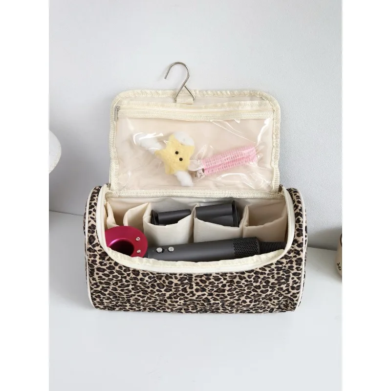 New Leopard Print Quilted Hair Dryer Storage Bag Large Capacity Portable Travel Cosmetic Bag Partition Handheld ToiletryOrganize