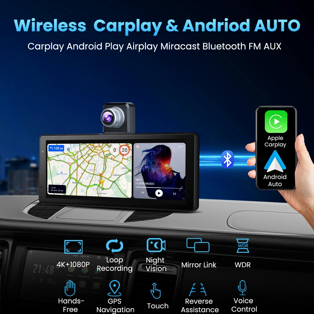 QOZ 10.26'' Wireless CarPlay Screen 4K Dash Cam with Android Auto Portable Car Stereo with GPS AirPlay MirrorLink AUX FM