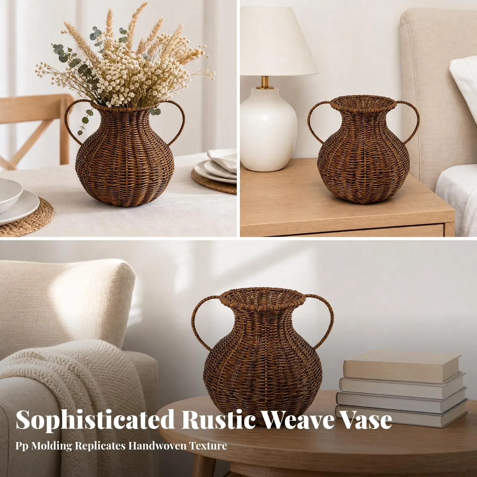 PP Woven Decorative Vase with Loop Handles for Entryway Table Bulbous Silhouette Rustic Farmhouse Flower Holder Decor