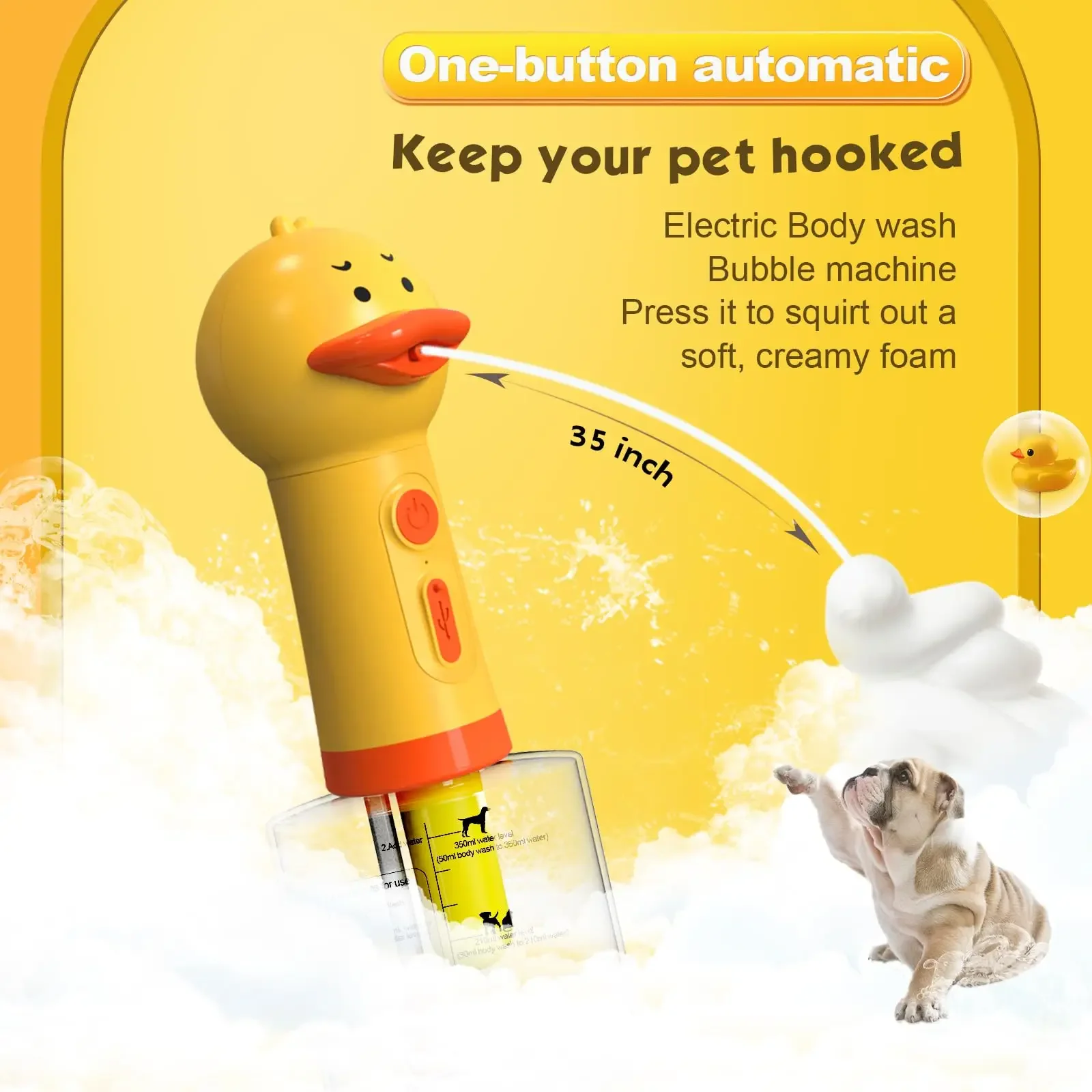 Lanzador de espuma de baño de pato amarillo, sujeción manual, máquina eléctrica de espuma para mascotas, carga USB, dispensador automático de jabón para baño de gatos y perros