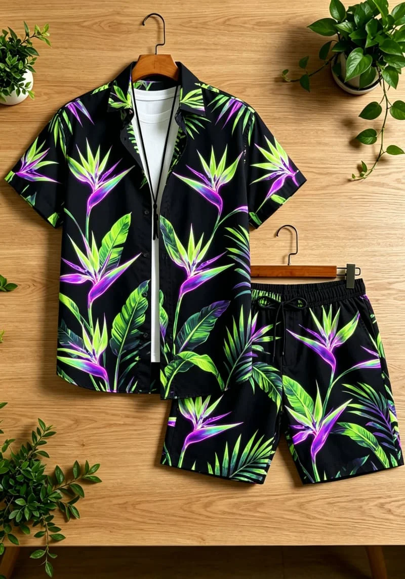 Neon Tropical Floral Print men's two-piece set, Suitable For Various Occasions Such As beaches, vacations, And Daily Leisure