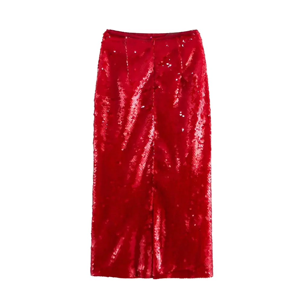 Taop&Za 2024 casual all-match high waist sequined slit design red straight skirt winter new women's clothing