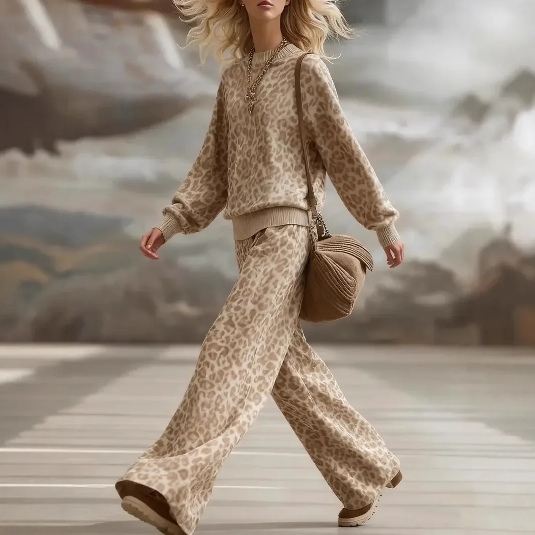 Vintage Leopard Print Sweatshirt Sports Suit Women's Casual Loose 2026 New 0-Neck Hoodie & Wide Leg Pants Two Piece Set Vintage