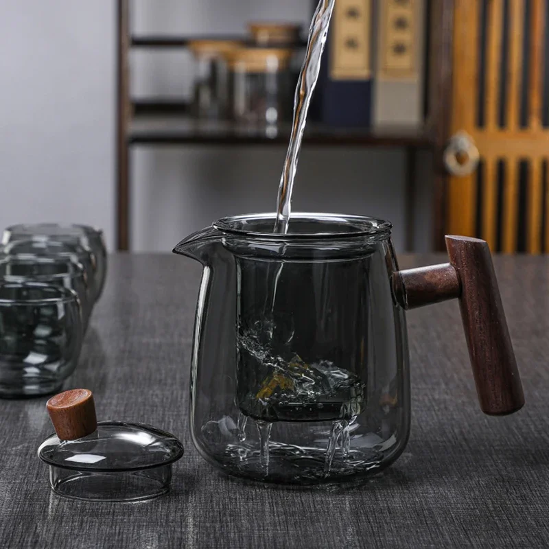 Glass Teapot Wood Handle Chinese Tea Ceremony Transparent Teawear Set Cup Filter High Boron Silicon Janpanese Pot 480ML view 4