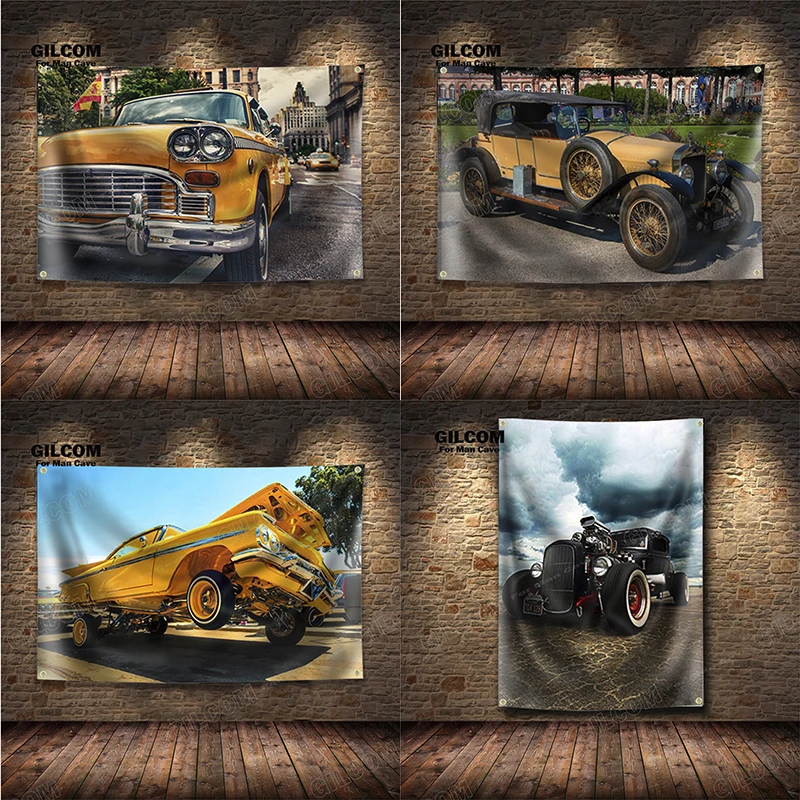 Classic Cars  Retro Banner Flag Poster Wall Art Decoration AD Vintage Sign Motor Car Competition Man Cave Garage Pub Club Bar