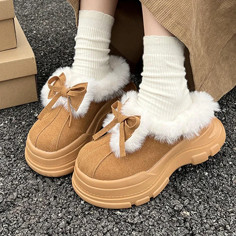 

Women Fur Bow Slippers Flats Platform Snow Boots Suede Warm Shoes Winter 2025 Brand Casual Short Plush Flip Flops Botas Mujer