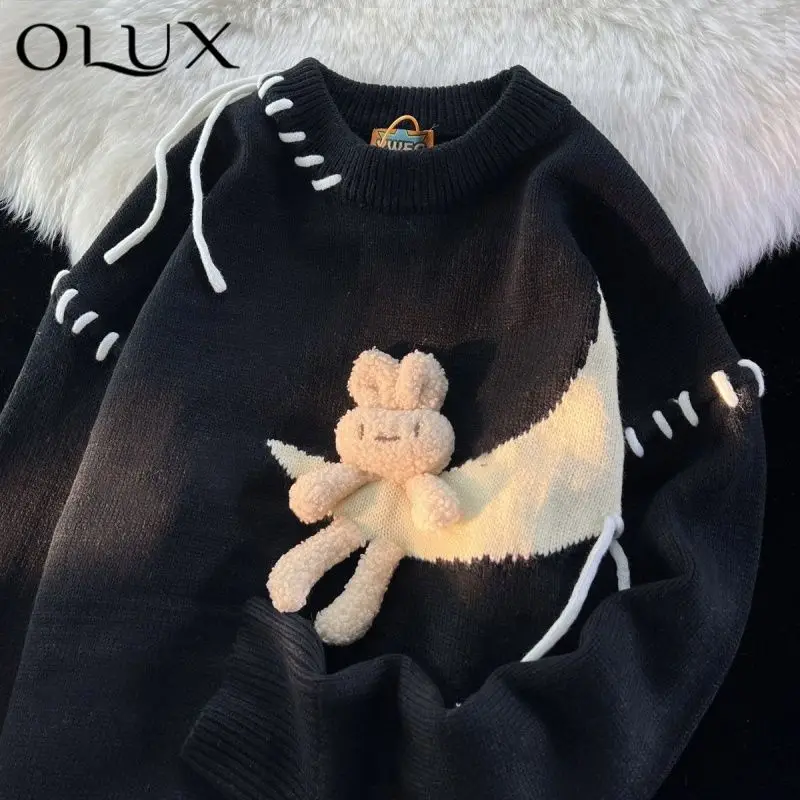 Men Women Cute 3D Rabbit Moon Sweater Pullovers for Girls Varsity Harajuku Casual Loose Jumpers Autumn Winter Couples Kawaii Top