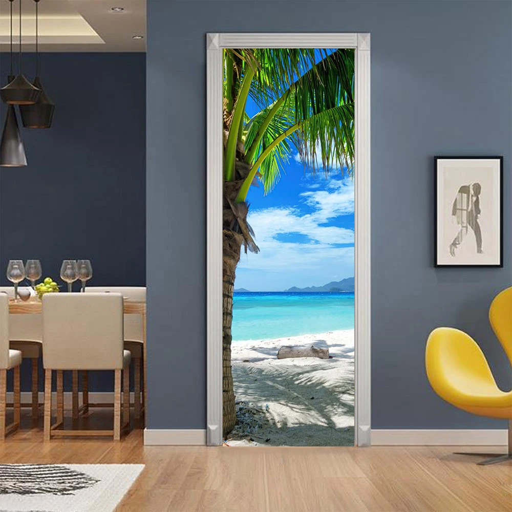 3D Vinyl Deal Seaside Landscape Door Sticker Wallpaper Peel And Stick Self Adhesive Removable Door Decor Art Sticker Poster