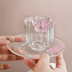 Coffee Cup and Saucer Set Glass Mug Butterfly Flower Afternoon Tea Set Dessert Plate Gift Elegant Household Drinking Utensils