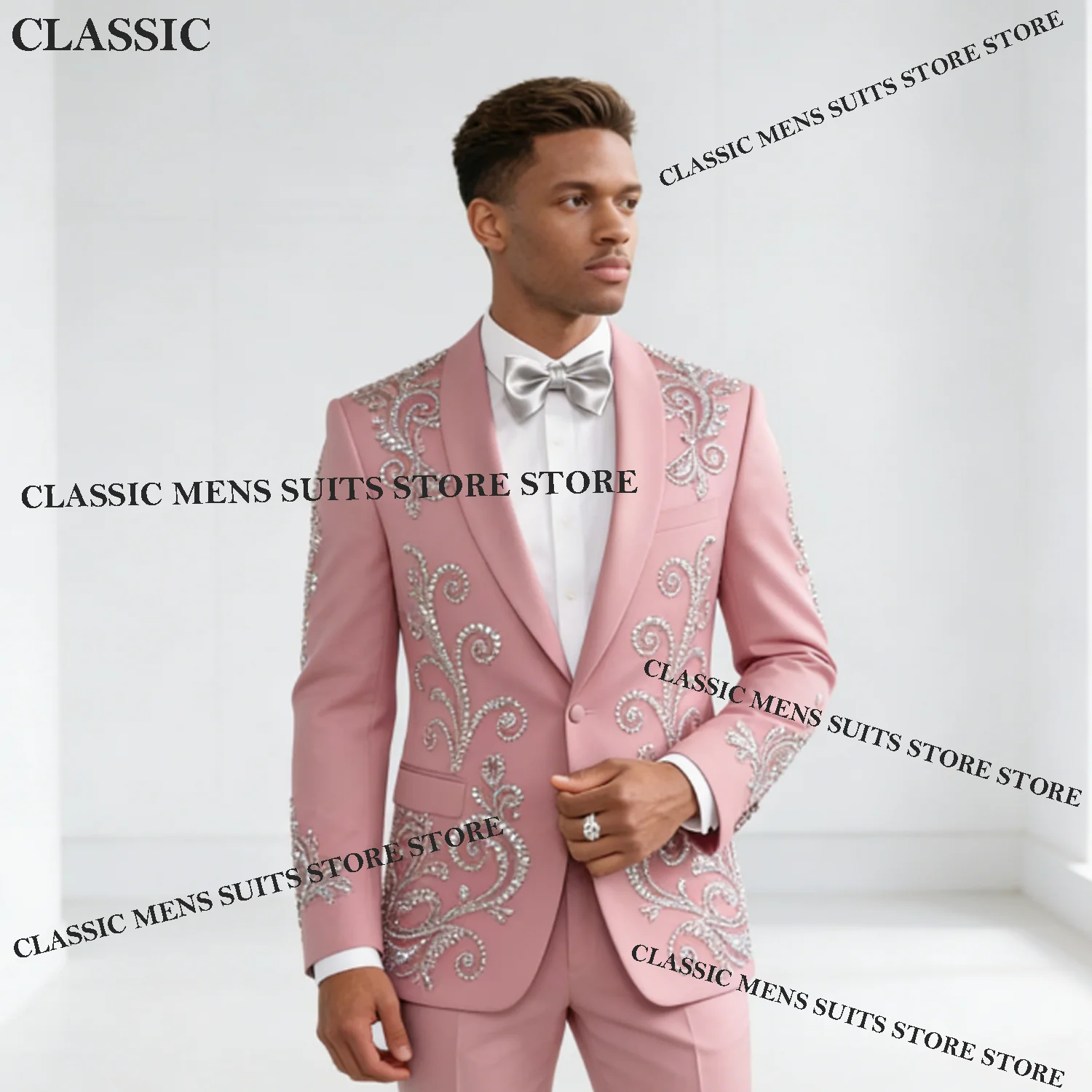 

Glitter Customized Diamond Decoration Tuxedos Men Suits Exquisite Peaked Lapel Groom 2 Pieces Set Wedding Male Prom Blazers suit