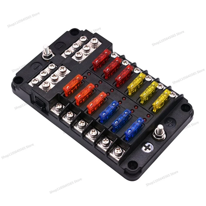 For 12 way fuse box, 12 way positive and negative pole car boat fuse seat with LED light car plug fuse box
