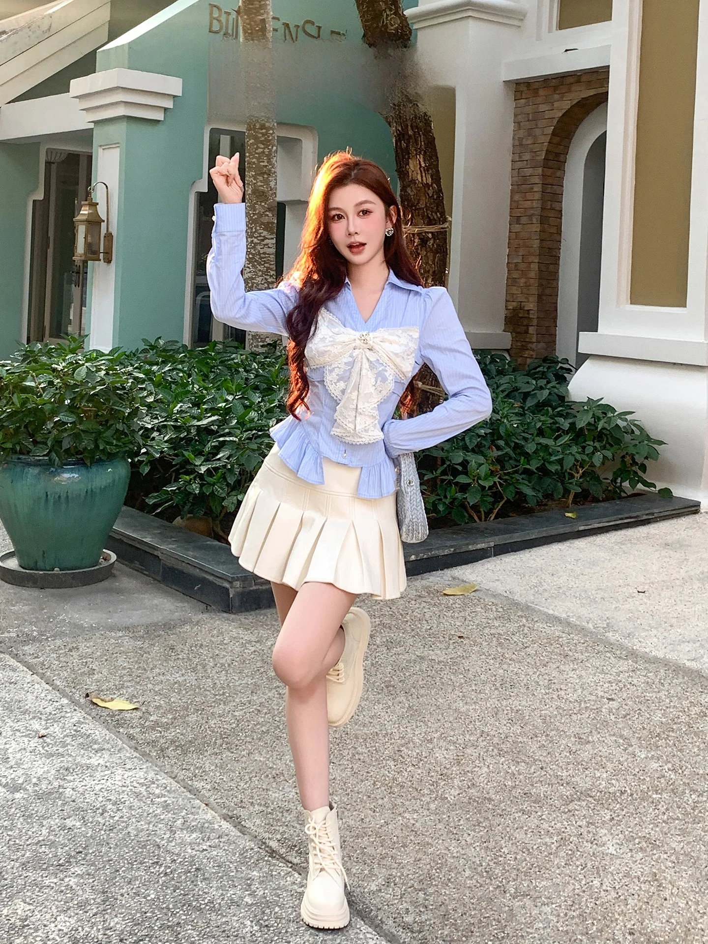 

Женская модная рубашка AZZHEN с синим кружевом, рукавами-фонариками и завязками на талии, весенняя новинка, повседневный стиль, простой крой, длинный рукав