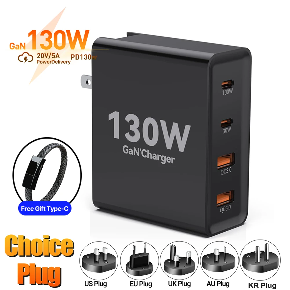 

EONLINE 3D 130W GaN Wall Charger 4-Port USB C PD 100W PPS 30W QC3.0 Fast Charging for MacBook Pro/Air iPad iPhone 15 Galaxy