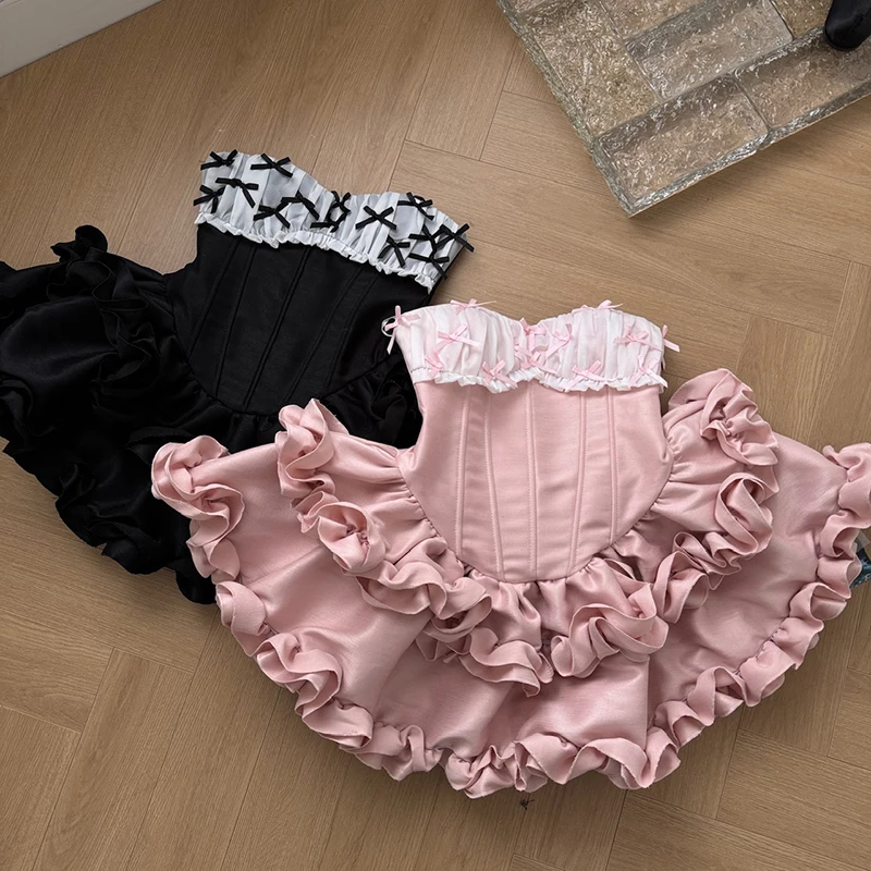 Sem alças fishbone bub mini vestido feminino elegante em camadas ruched festa vestidos curtos feminino cinched data vestido de princesa preto rosa