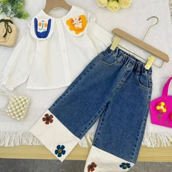 Menoea Girls' Set 2023 Autumn New Girls' Cartoon Polo Shirt Top+Panel Denim Pants Two Piece Set Children's Fashion Suits