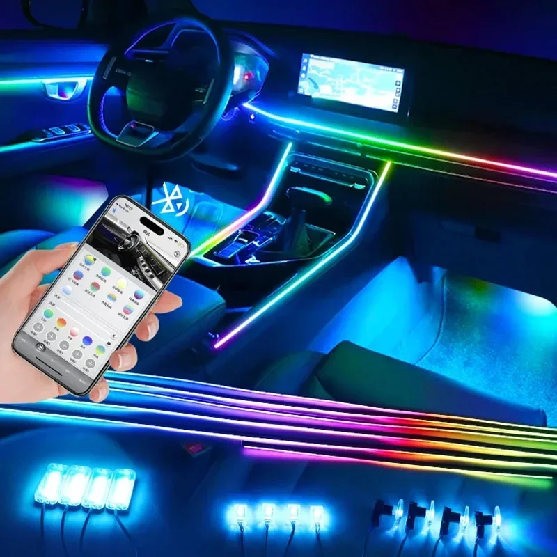 

Цветные автомобильные яркие радужные световые полосы 64 RGB симфония универсальные автомобильные атмосферные лампы Акриловые светильники для светильников управление через приложение