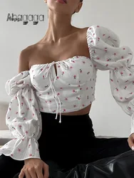 Fashion Flower Printed Sexy Women Camis Slash Neck Long Sleeves T-Shirts Regular Casual Streetwear Slim Fit Crop Tops Strap Tees