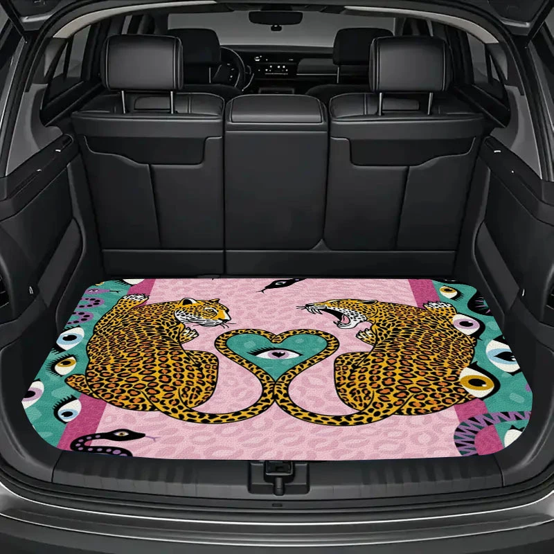 Bohemian Vintage Leopard Trunk Mat, Boho Cargo Liner, Non-Slip Boot Protector, Car Accessories, Universal Fit, Artistic Design