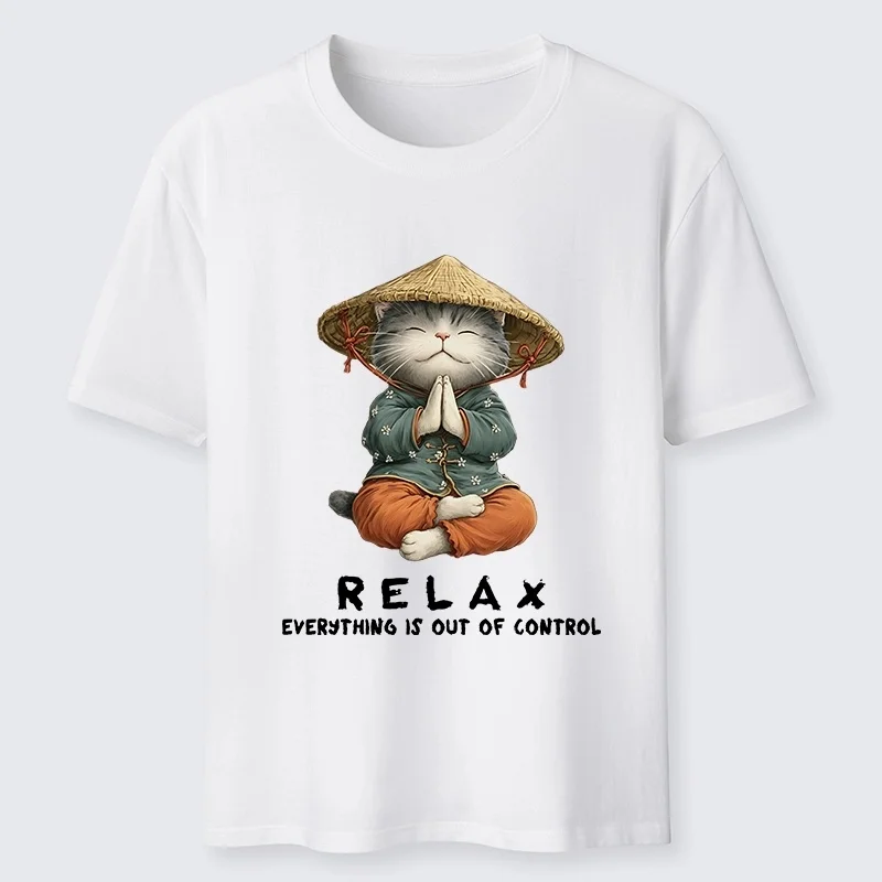 Fun Meditation Cat Classic Pure Cotton T-shirt Cartoon Pattern Pure Cotton Men and Women Loose Short Sleeved Casual
