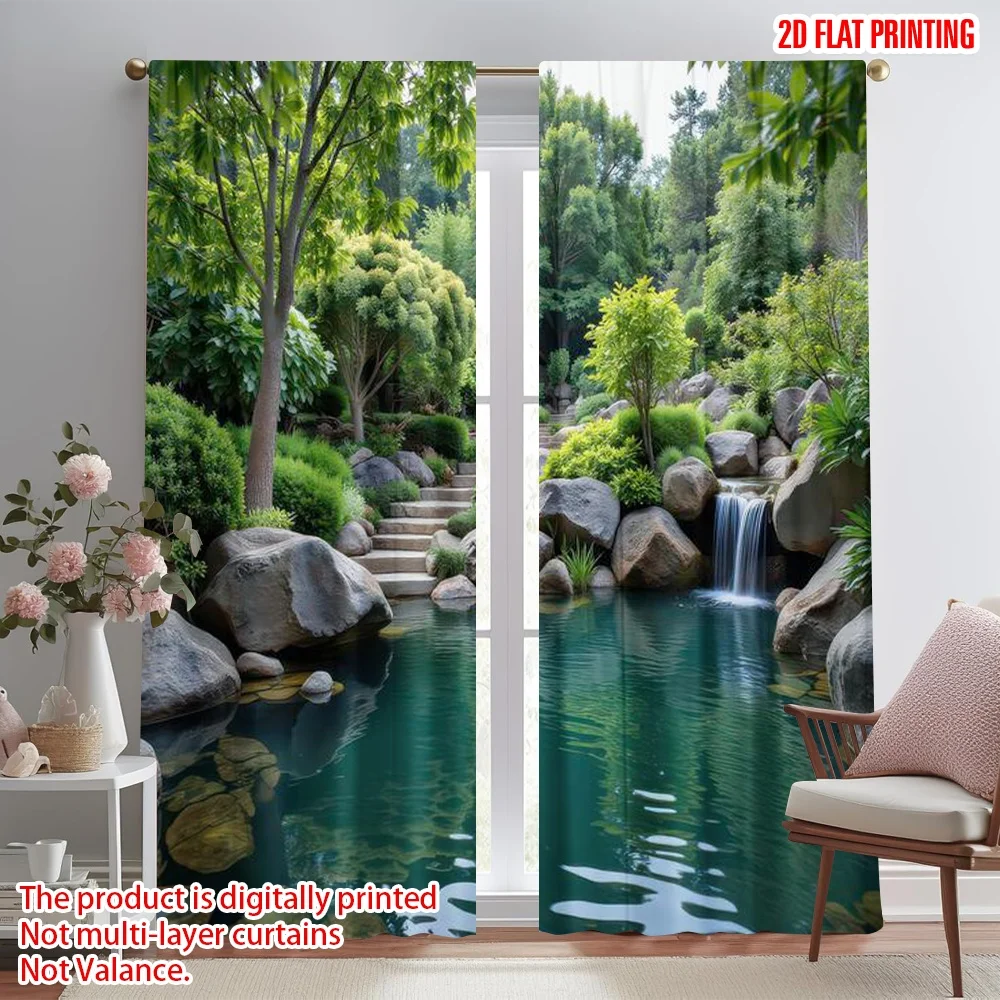 

2D flat printing 2pcs Window Curtains Tranquil Garden Oasis Digital Printed Polyester Drapes Festive Curtains Perfect for Home &