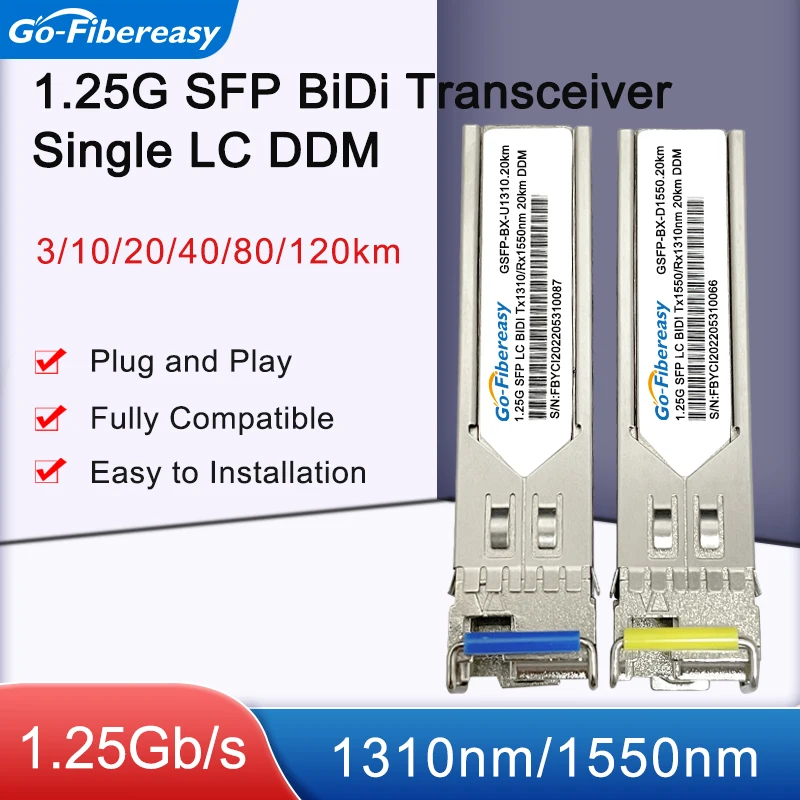 Gigabit SFP BiDi LC Transceiver Module 3/10/20/40/80/100km 1000Base-BX WDM SFP Optical Module for Mikrotik/TP-Link/Zyxel Switch