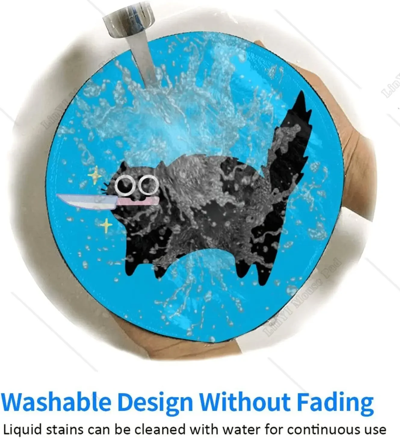 Black Cat with Knife Cute Round Mousepad with Non-Slip Rubber Base Stitched Edge for Mouse Office Home Gaming Working 7.9 Inch