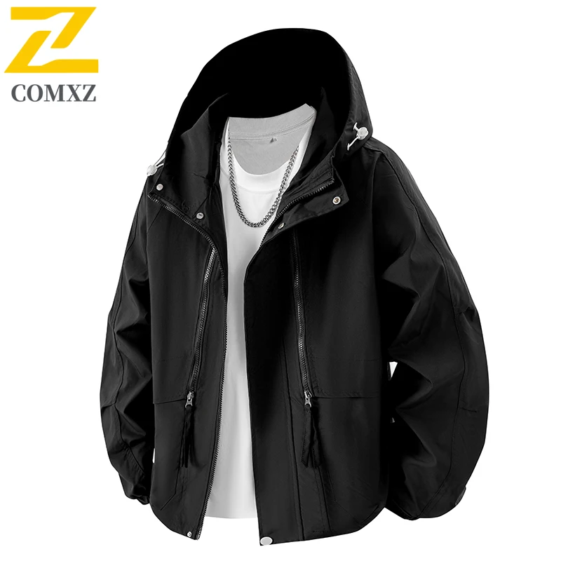 

2025 Новая мужская куртка с капюшоном, модная универсальная молния, дизайн, ветрозащитная водонепроницаемая ветровка, повседневное свободное пальто для кемпинга и пешего туризма