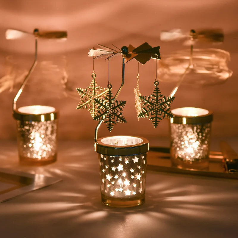 2023 Christmas Decoration Gold Romantic Rotating Candlestick Home Decoration Rotation Spinning Carrousel Tea Light Candle Holder